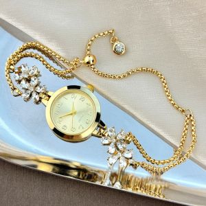 VINEY Elegant Womens Bracelet Watch Double Layered Chain Flower Quartz Wristwatch Ladies Business Watches Trendy Pull Type Rhinestone Quartz Watch Daily Use