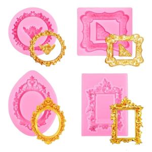 4 Piece Vintage Hollowout Embossed Photo Frame Silicones Fondant Mold Set Sugar Craft Baking Decorations Reusable Moulds