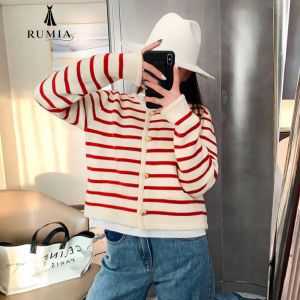 RUMIA Women Striped Knit Cardigan Sweater Cropped Long Sleeve Button Up Top Elegant Casual Fashion SweaterLong Sleeve Button Front Sweater with Gold Buttons & Pocket Detail Baju wanita knitted cardiganReady stock Top