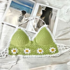 Crochet Swimwear Women Colorful Knitted Swimsuit Hawaiian Halter Top Beach Top Swimming Outfit
