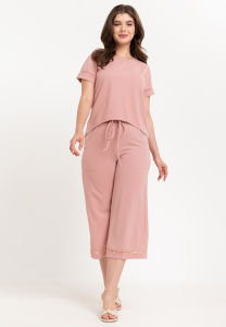 Krizia Back Slit Blouse with Trimmings and Crystal Necklace and Garter Waist Square Pants Set