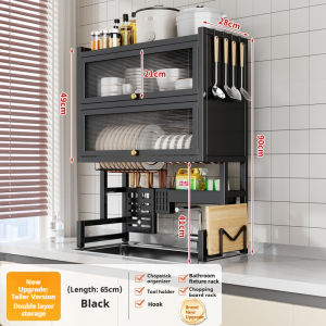Space Saver Dish Cabinet with Doors! Dustproof Carbon Steel Organizer Rack for Over Sink 2-Tier Dish Drying Rack with Drainboard