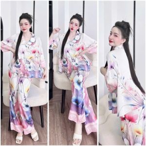 Đồ Ngủ Pijama Lụa HEUN YOUNG Bộ Đồ Pijama Cổ Sen Tay Lửng Quần Dài Lụa Latin In TK Cao Cấp 45-68kg