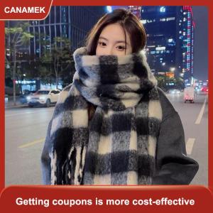 【CANAMEK 】 Plaid Scarf Checkerboard Soft Scarfs Womens Winter Warm Dual Use Long Shawl Vintage Thickened Scarves