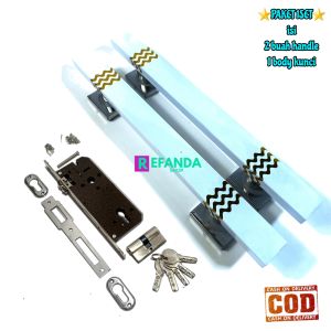set lock body kunci dan 2buah tarikan gagang handle pintu rumah minimalis pilihan panjang 33cm 45cm dan60cm bahan stainless untuk daun pintu 1/ pintu depan dan kamar