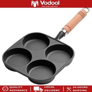4-Hole Omelet Pan Wooden Handle Non Stick Cookware Pancake Pan Multifunction Hamburger Steak Pan for Gas Stove Induction Cooker