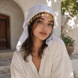 DISKAS Floral Print Triangle Headscarf Breathable Polyester Golden Beaded Hijab New Lightweight Elegant Turban Hat Women