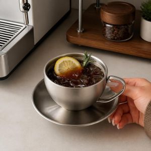 WISHAHA Stainless Steel Coffee Cup Set Heat Resistant Thermal Insulation Cup Saucer Set Luxury Double Walled Coffee Mug Cafe Accessories