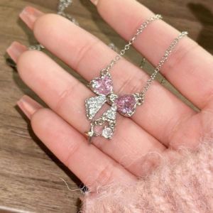 Pink Bow Necklace Clavicle Chain Pink Zircon Collarbone Chain Choker Heart Necklace Gift for Women