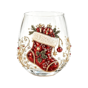 ERHANA 3D Embossed Christmas Wine Glass Reindeer Santa Claus Clear Stemmed Cup Raised Glassware Tree Raised Glassware Holiday Table Decor