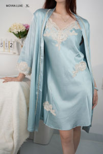 Váy Ngủ Lụa Cao Cấp Nữ Tay Dài Dáng Suông kèm áo choàng – Vải Mềm Mịn Mát Thiết Kế Thoải Mái Mặc Nhà Mùa Hè Moyan Luxe EC108