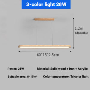 Scandinavian Wooden Pendant Light for Dining Room - 80cm Solid Wood LED Chandelier 3-Color Adjustable 60W 220V Tricolor Modern Hanging Light for Kitchen Island & Living Room