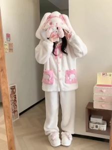 New Winter Womens Pajamas Pants Sets Flannel Hooded Homewear 2Pcs Kawaii Rabbit Coral Fleece Outdoors Home Clothes Warm Suit2026