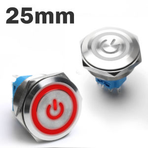Nút công tắc nhấn nhả Kim loại 25mm (12-24V | 110-220V) Nhấn Tự phục hồi có đèn LED Nguồn LED máy công nghiệp Đèn xe ô tô Xe máy
