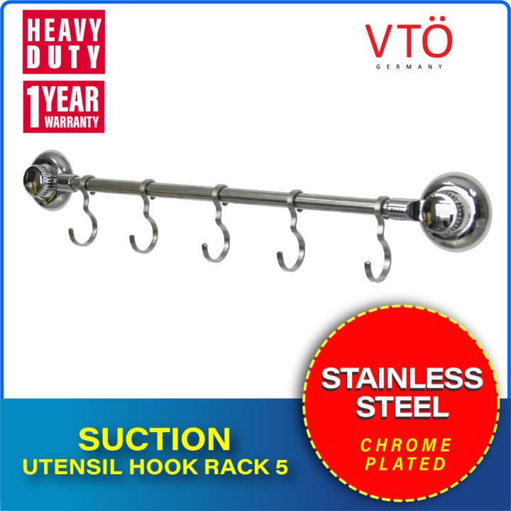 VTO Multipurpose 5-Hook Stainless Steel Wall Mounted Bathroom & Kitchen Utensil Rail Set Holder With ABS Strong Vacuum Suction Roller Kitchen Storage Rack Organizer, Toilet Shelving & Bathroom Accessories 877-12-05 (Polished Chrome)