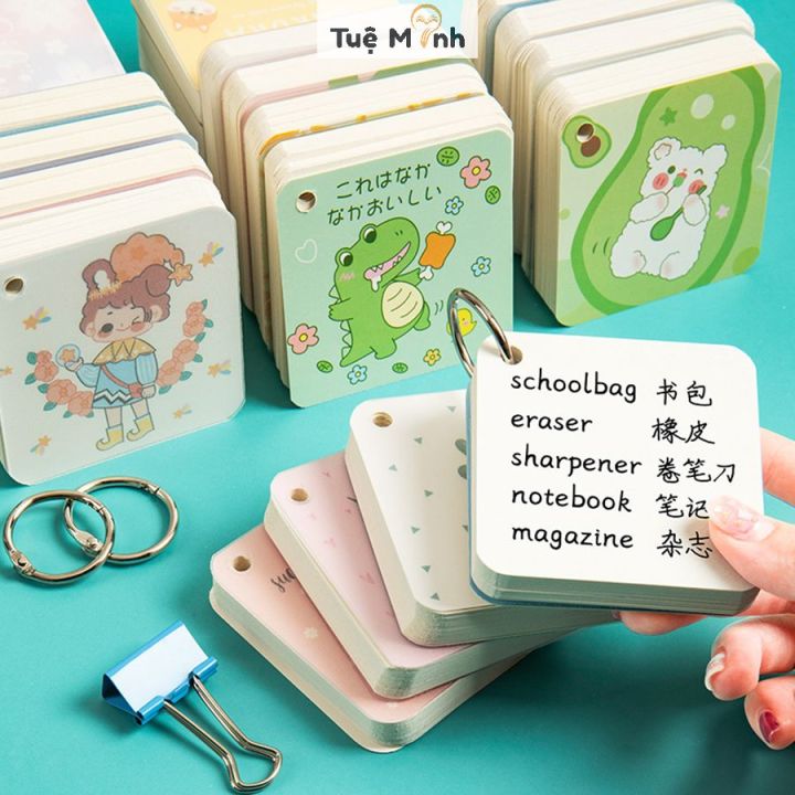 Tập thẻ flashcard vuông hoạt hình học ngoại ngữ, ghi chú bìa nhựa thẻ ...