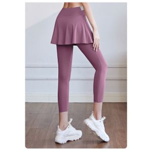 Fake 2-piece Yoga Anti-light Skirt Womens High Waist Sports Fitness Bottom Seamless Pants