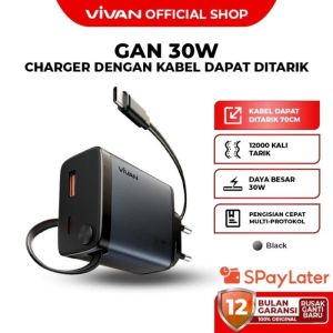 VIVAN Charger Super 5S Gan 30W Usb C & Usb A Fast Charging Multi Protokol Kabel bisa ditarik 70cm -Garansi Resmi 1 Tahun