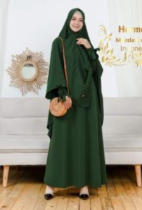 Setelan Abaya Khimar jumbo bahan wolfis polos premium warna hijau botol-Set abaya ijo botol busui