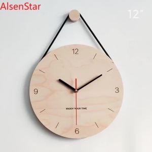 FFBH Simple Style 12 Inches Wooden Hanging Rope Wall Clock Watch Living Room Office Cafe Home Decoration Art Large Wall Clock Y5R7K