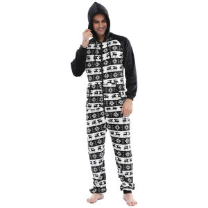 Đồ ngủ liền thân nam bộ đồ ngủ ấm áp bằng lông cừu in hình tuần lộc Giáng sinh bộ đồ ngủ dài tay áo hoodie có khóa kéo đồ ngủ thoải mái cho người lớn