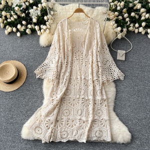 Lazy Style Slimming Hollow Out Flower Knitted Cardigan Womens Vacation Style Wearing Shawl Jacket Long Sun Protection Shirt