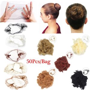 MEMGOUO 50Pcs แฟชั่นผู้หญิง เครื่องมือจัดแต่งทรงผม ขอบยางยืด ที่คลุมผมที่มองไม่เห็น ขนมปังหน้าปก ตาข่ายวิกผมตาข่าย บัลเล่ต์ Snood