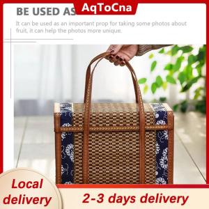 [COD] AqToCna Ship within 24 hours Folding Bamboo Woven Fruit Basket Handheld Handle Fruit Shopping Food Basket Picnic Food Storage Basket For Outdoor