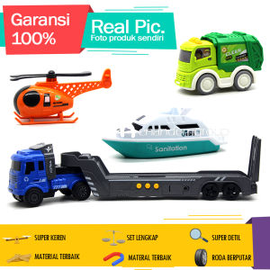 Mainan Edukasi Anak Mobil Mobilan Truk Kontainer Trailer City Sanitation Trailer Helikopter Perahu Bersuara
