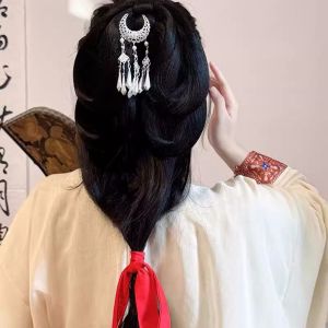 CHARMST โลหะสำหรับตกแต่ง กิ๊บติดผมรูปพระจันทร์เสี้ยว พระจันทร์เสี้ยวเสี้ยว เงินสีเงิน กิ๊บติดผม Hanfu เรโทร แท่งมัดผม เครื่องประดับศีรษะสไตล์ชนเผ่า สำหรับเด็กผู้หญิง