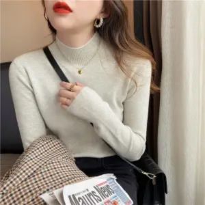 IELGY Half high neck knitted inner top with womens slim fit long sleeved mid neck top