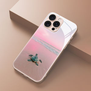 Pink Sky Beach Turtle Tempered Glass Phone Case Suitable for iPhone 17 16 15 14 13 12 11 Pro/Max/Plus Anti Drop and Anti Shock