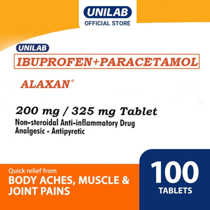 Unilab Alaxan 100 Tablets - For Quick Relief from Body Aches, Muscle & Joint Pains