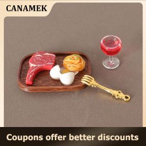 【 CANAMEK 】 1Set Dollhouse Simulated Steak Red Wine Glass Pasta Kit Model Dollhouse Kitchen Food Decoration Toy Dolls House Accessoreis