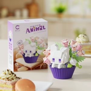 LUMIQLO Chủ đề món tráng miệng Khối xây dựng Động vật hoạt hình Chú mèo dễ thương chú chó chú thỏ Khối hoa trong chậu Nhựa Đồ chơi xếp hình Quà tặng cho trẻ em