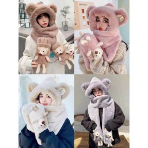 Khăn mũ lông trùm đầu kèm gấu đút tay siêu mềm mịn phụ kiện thời trang hàn quốc Mũ Khăn Găng Tay