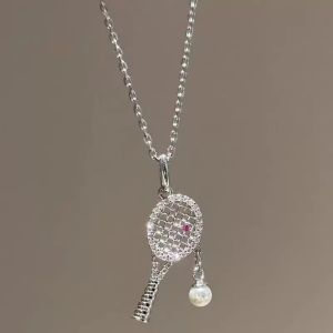 BG9T Pink Zircon Racquet Pendant Necklace Rhinestone Accent Exquisite Design Rhinestone Pendant Necklace Luxury Pearl Chain Zircon Pearl Chain Necklace For Women