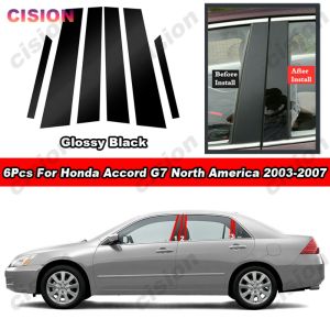8Pcs Glossy Chrome Black Carbon Fiber PC Material Car Door Window Center B C Pillar Post Cover Trim For Honda Accord G7 2003 2004 2005 2006 2007 Middle Column Mirror Effect Sticker