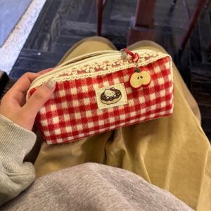 Kawaii Red Checkered Large Capacity Pencil Case Anime Cute Kt Cat School Supplies Stationery Bag School Prizes Gifts for Girls