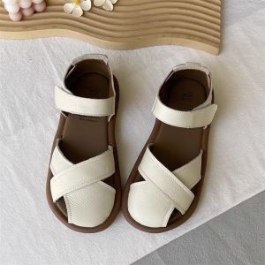 IELGY New Summer Leather Shoes Flats Sandals Low-top Baotou Roman School Shoes