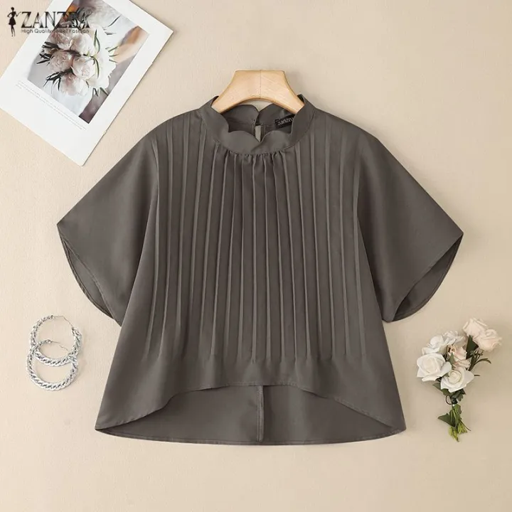 ZANZEA%20Korean%20Style%20Women%20Summer%20Solid%20Color%20Pleated%20High-Low%20Blouses%20Stand%20Collar%20Raglan%20Sleeve%20Tops%20#0929%20-%20Image%205
