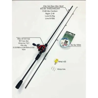 Bộ Cần Lure Máy Ngang Sói Đen Màu Đen ( Cần + máy + dù + mồi + khóa link )