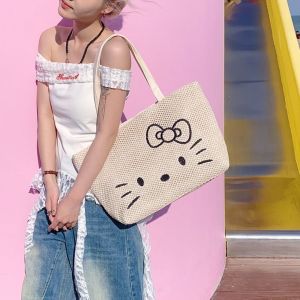 MOIRA จุได้มาก กระเป๋าโท้ทแบบสาน แฟชั่นสำหรับผู้หญิง แมวคิตตี้แมว กระเป๋าสะพายไหล่โบฮีเมียน พักผ่อนยามว่าง ถุงช้อปปิ้งถุง กระเป๋าฟางชายหาดฤดูร้อน สาวๆ