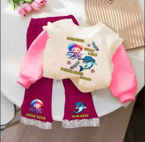 SETELAN ANAK PEREMPUAN TERBARU 2025/ONE SET PITA CUTBARAY ANAK MOTIF UBUR-UBUR IKAN LELE USIA 1-10 TAHUN