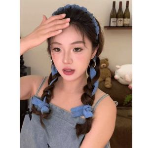 JJT Cute Denim Ribbon Headband with Braided Knot Design for Summer Sweet Style