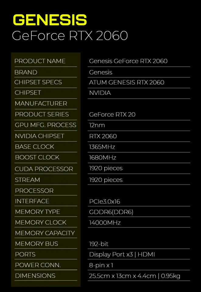 GENESIS GEFORCE RTX 2060 GPU 6GB DDR6 192-BIT Display Port
