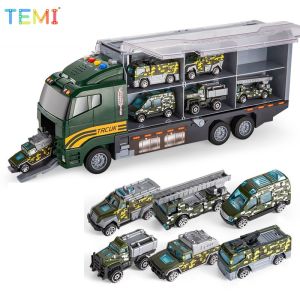 TEMI Truck Carry Case With 6pcs Mini Alloy Engineering Vehicle Model Car Toys For Kids Boys Gifts Upgrade Lighting Sound Effects and Early Childhood Education Stories
