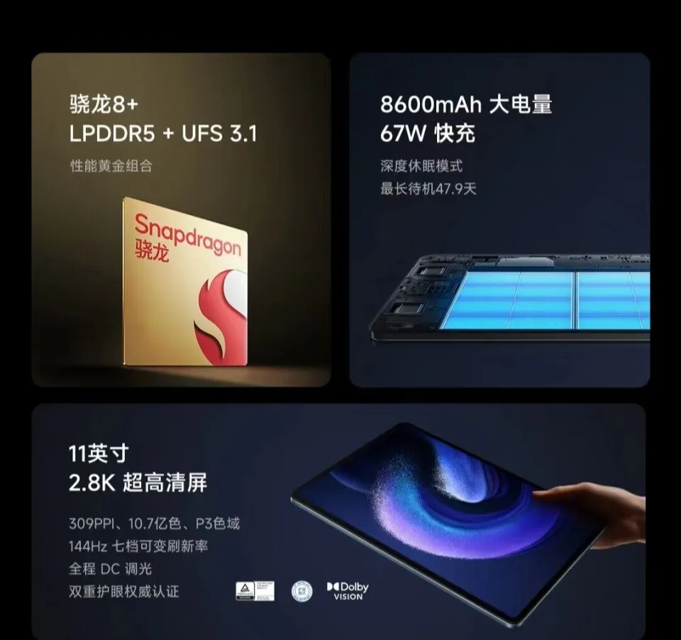 Fast Charge Androidxiaomi Mi Pad 6 Pro 11inch 144hz 2.8k Display,  Snapdragon 8+, 8600mah