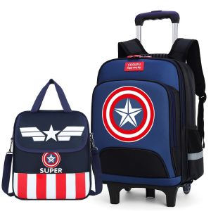 Kids Trolley School Bag Cartoon Captain America Lunch Bag Waterproof 1-6th Grade Boys Trolley Bag