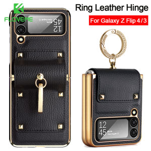 FLOVEME Plating Hinge PU Leather Phone Case For Samsung Galaxy Z Flip 5 Flip 4 Flip 3 5G With Ring Stand Folding Shockproof Back Cover For Galaxy Z Flip 5 Flip 4 Flip 3